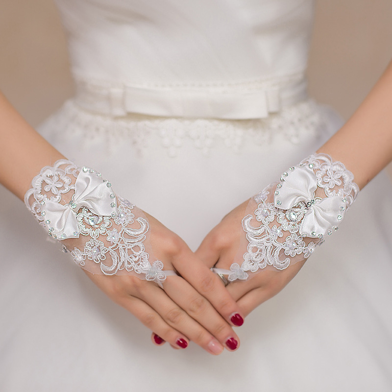 Wedding Dress Gloves, Fingerless Bow Tie Gloves, Performance Gloves, Wedding Dress Point Diamond Lace Gloves