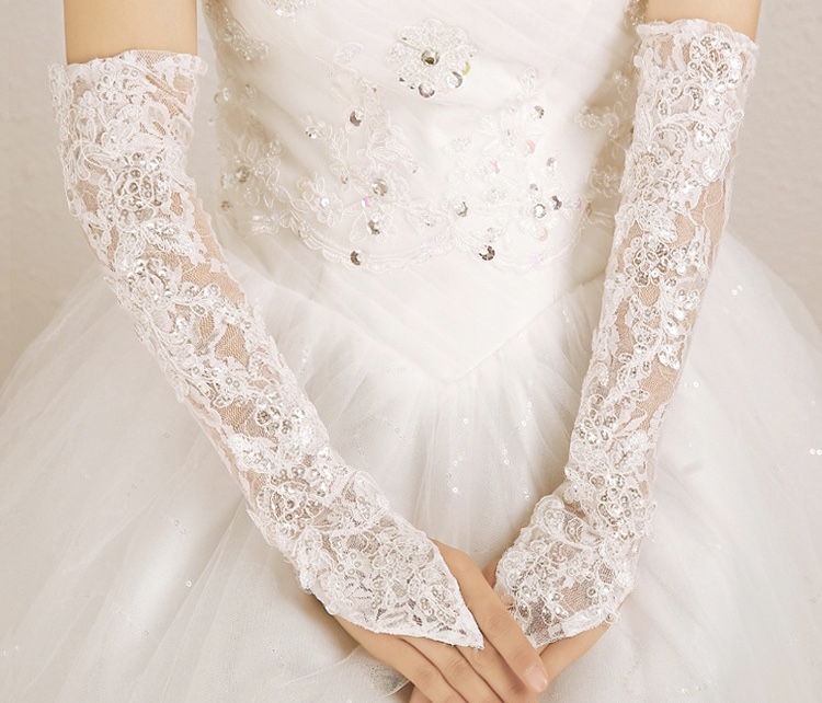 knee length dresses for ladies Short Bridal Gloves with Lace Applique - Sheer Florals French Lace Short Gloves