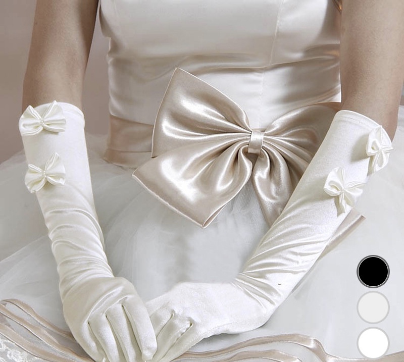 Bride Gloves, Medium Length Satin Tint Wedding Dress Gloves, Finger Double Bow Sewn Beaded Hand Sleeves