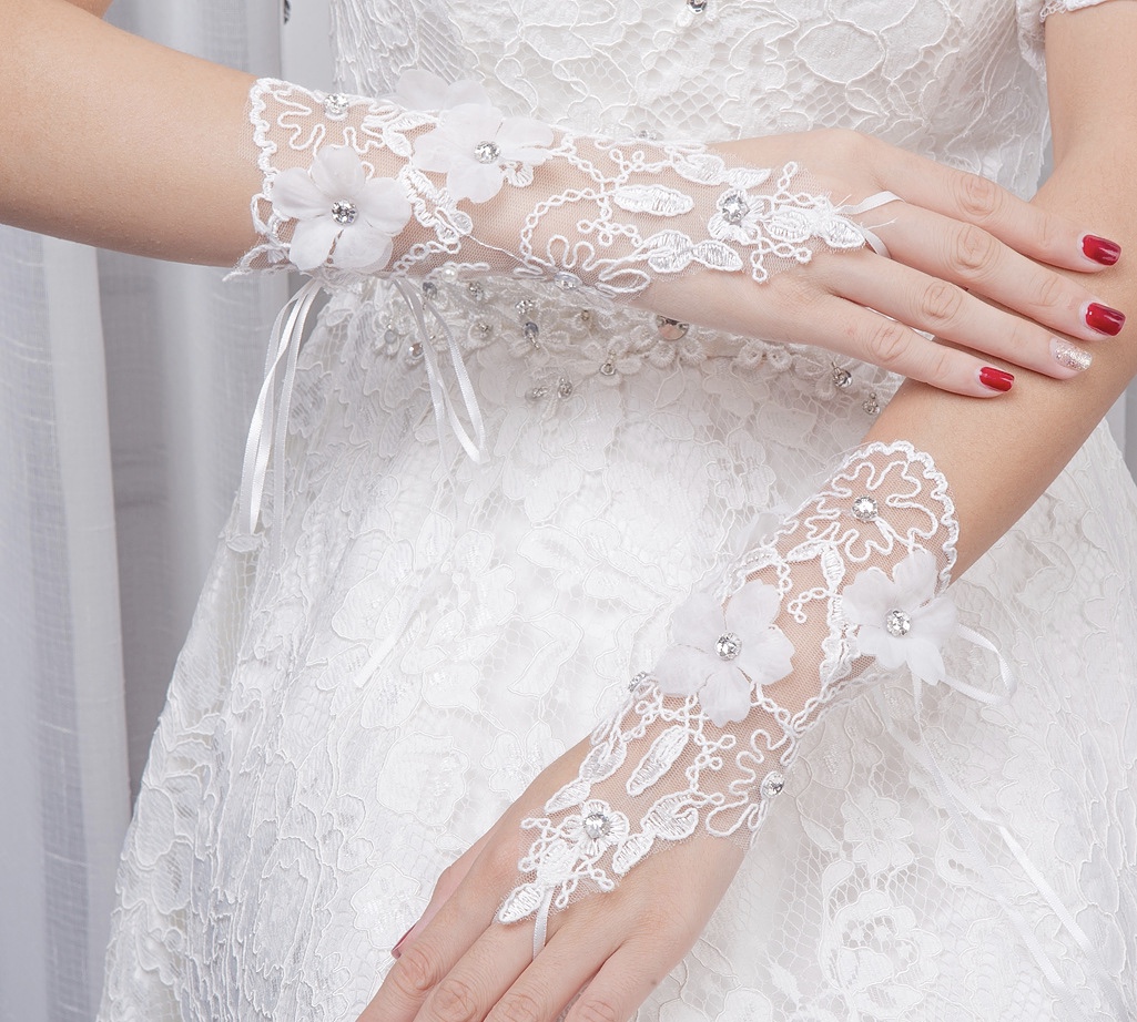 Bride Wedding Gloves, Lace Lace Back Hook Finger Flower Diamond Ornaments, Wedding Ceremonial Gloves