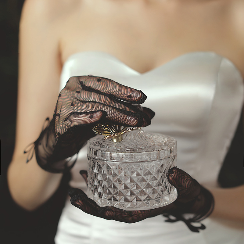 New, bridal dress gloves, stretch satin simple, black/white bow gloves