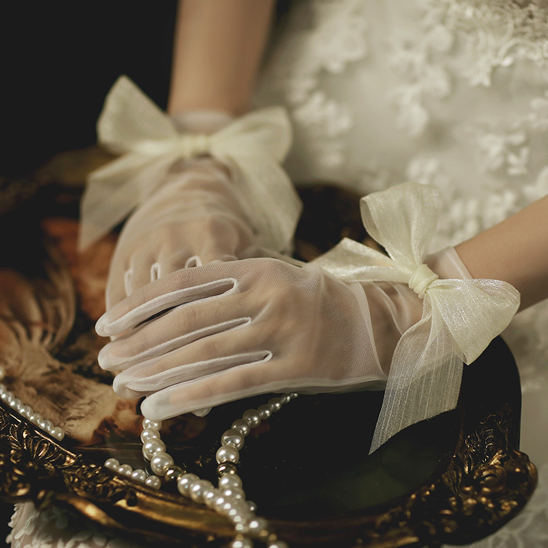 Bride Wedding Bow Gloves, Wedding Ceremonial Short Gloves, Portraiture Photography Transparense Gloves