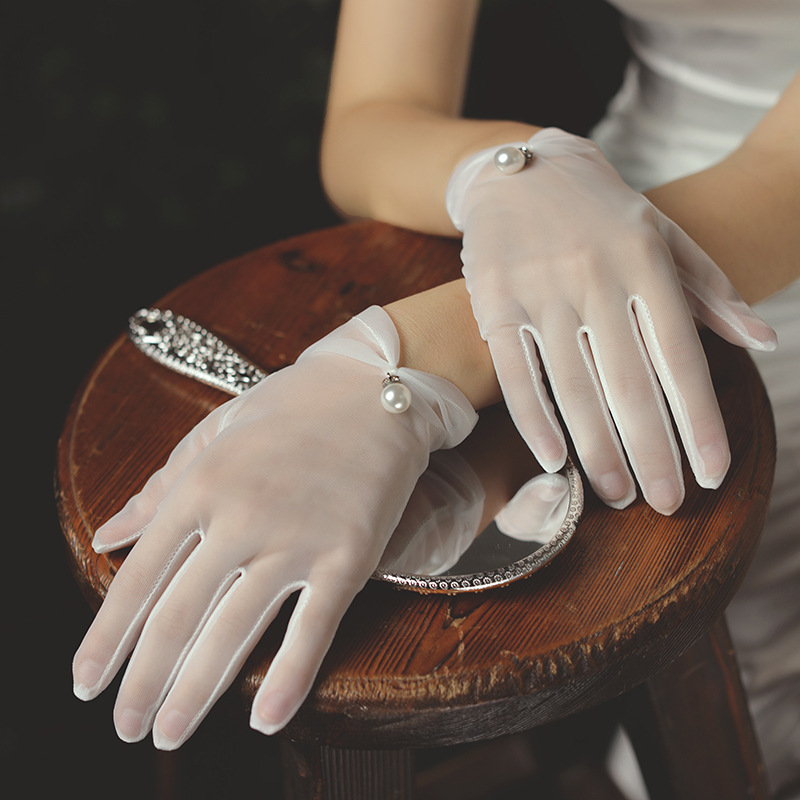Bridal Dress Gloves, Short Tulle Pearl White Gloves