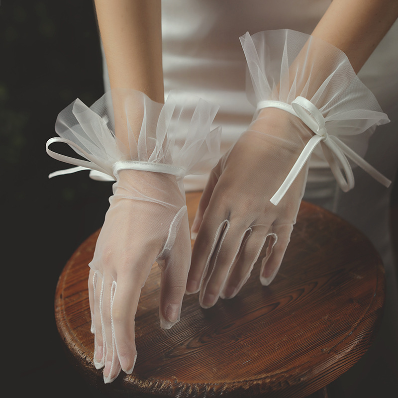 Bride Wedding Gloves, Wedding Gauze Bow Elegant, Lace Wedding Dress Hand Gauze, White Gauze Photo Short Style Gloves