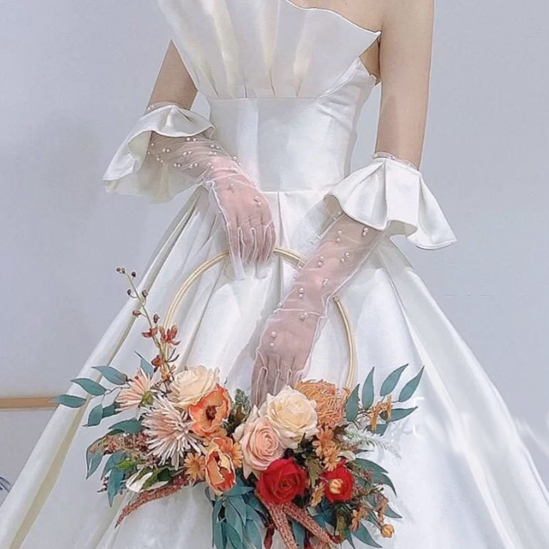 Full Finger Gauze Pearl White Bridal Gloves, Flounce Shaped Long Gloves, Wedding Dress With Finger Gauze Hand Sleeves