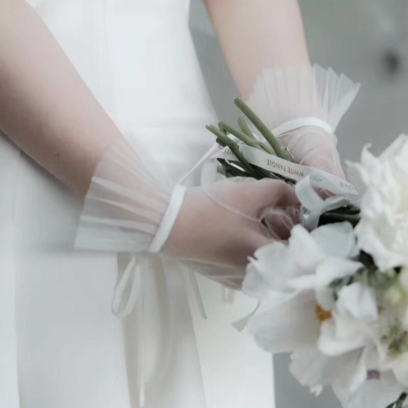 Mesh Full Finger Short Style, Fold Bridal Gloves, Summer Thin White Wedding Gloves, Dress Photo Short Hand Yarn