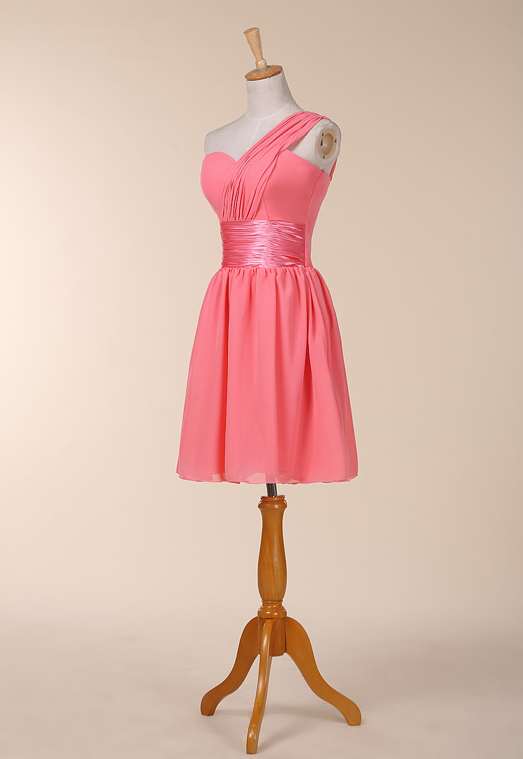 blue dress for baby girl Empire Waist Coral One Shoulder Short Bridesmaid Dress – FancyVestido main image 1