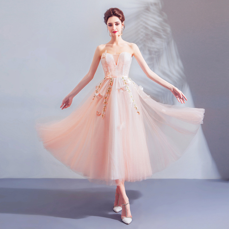 Pink Lace Midi Dress, Short Floral Wedding Dresses, Strapless Bridesmaid Dresses Party Dress,custom Made