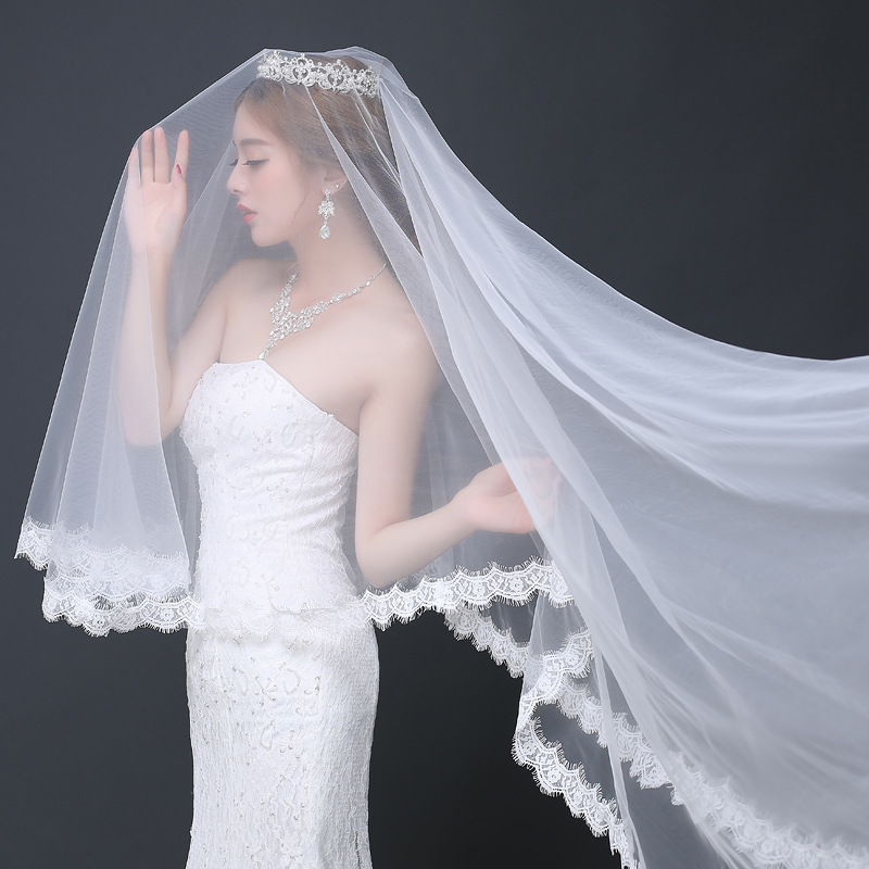Bride Long Lace Veil, 3 Meters, Super Fairy Wedding Long Tail Wedding Dress Headdress