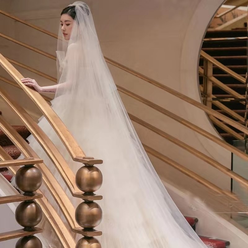 Plain Bridal Veil, Simple Bouffant Widened Long Trailing Wedding Veil, Double Mask Travel Beat Veil