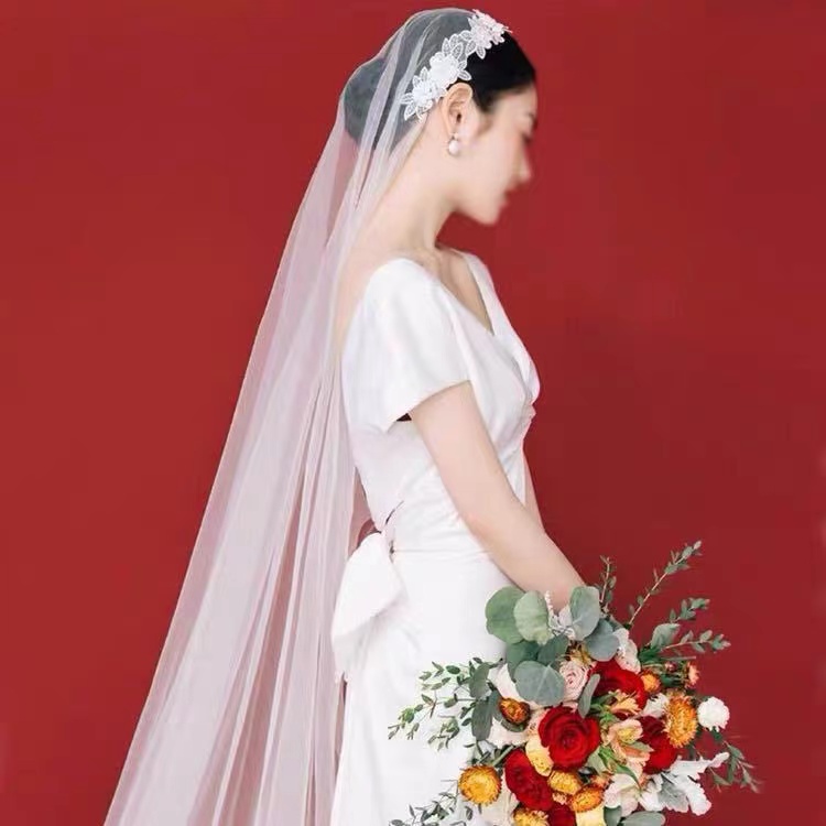 Lace Pearl Flower Single Plain Veil, Folk Style Bridal Veil, White Wedding Dress Veil,3 Meters Long