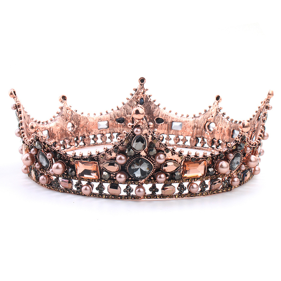 Bride Tiara, Retro Round Crown, Baroque Crystal Pearl Alloy Crown, Studio Photo Jewelry