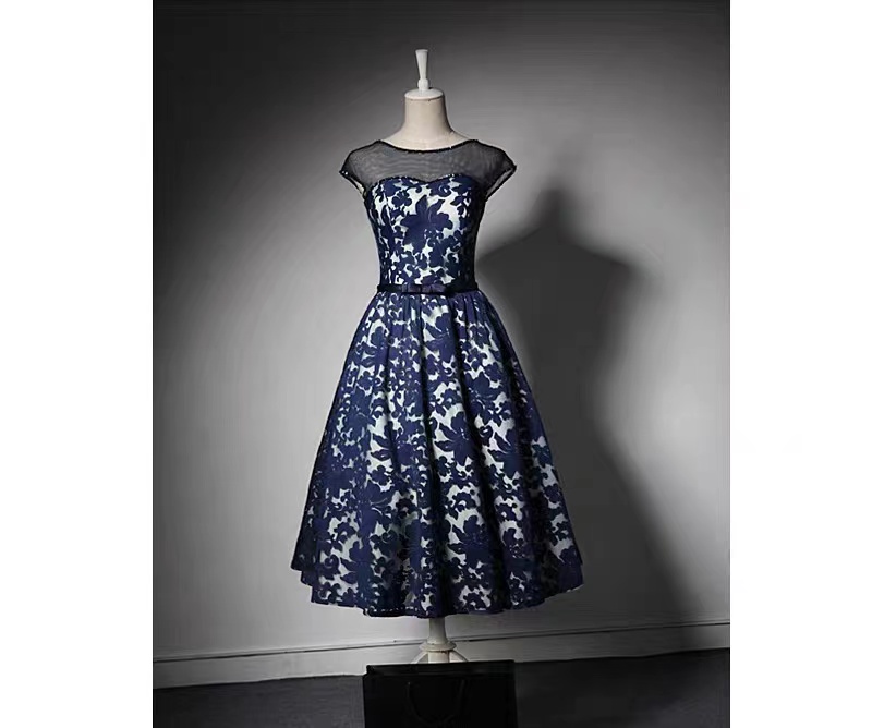 Vintage, Cap Sleeve Evening Dress, Birthday Dress , Navy Blue Embroidered Midi Dress,homecoming Dress,custom Made