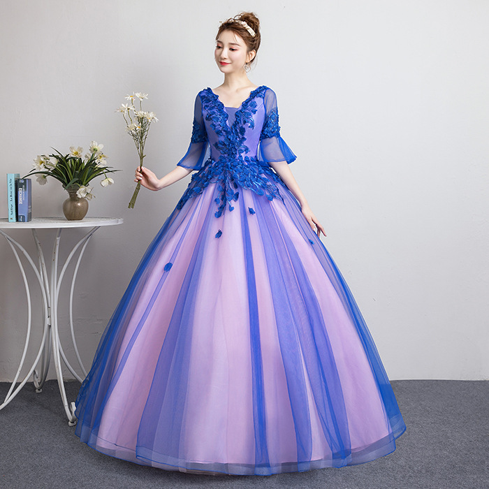 Floor Length, V-neck Ball Gown,mid Sleeve, Princess Palace Bouffant Dress,custom Made