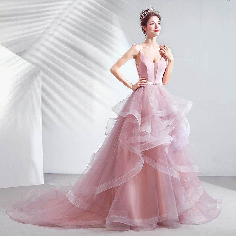 Sweet Macaron Pink Bridal Gown, Spaghetti Strap Prom Dress, Irregular Ball Gown ,custom Made