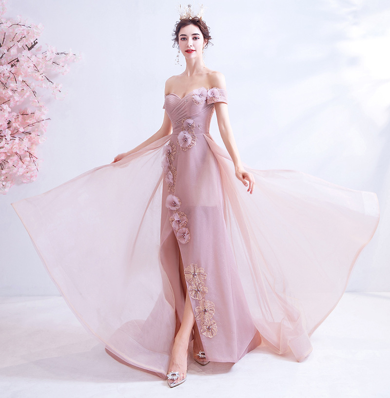 Pink Bridal Dress, Split Wedding Gown, Off Shoulder Evening Gown,custom Made