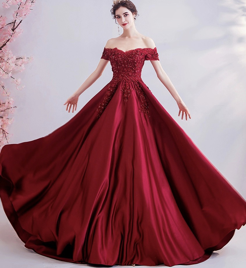 Burgundy Bridal Wedding Dress, Off Shoulder Prom Dress, Satin Evening Dress,custom Made