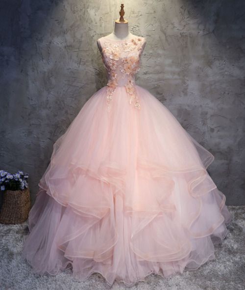 Ball Gown Pink O-neck Quinceanera Dress, Open Back Champagne Appliques Tulle Ruffle Quinceanera Prom Dress,custom Made