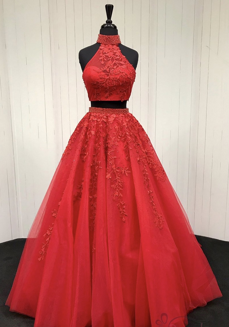 Two Piece Red Tulle Beadings Prom Dress LBQ0396