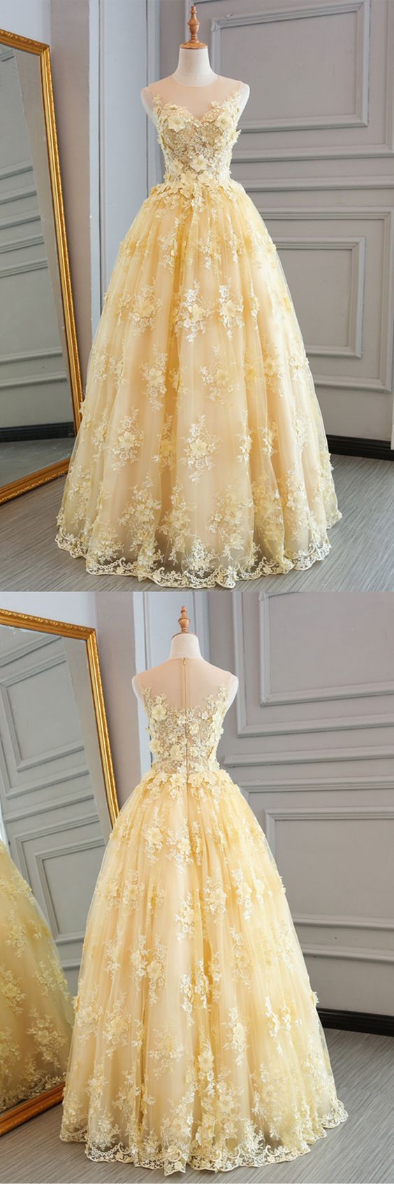 Yellow Tulle Lace Prom Dress, Ball Gown, Prom Dresses, Custom Made