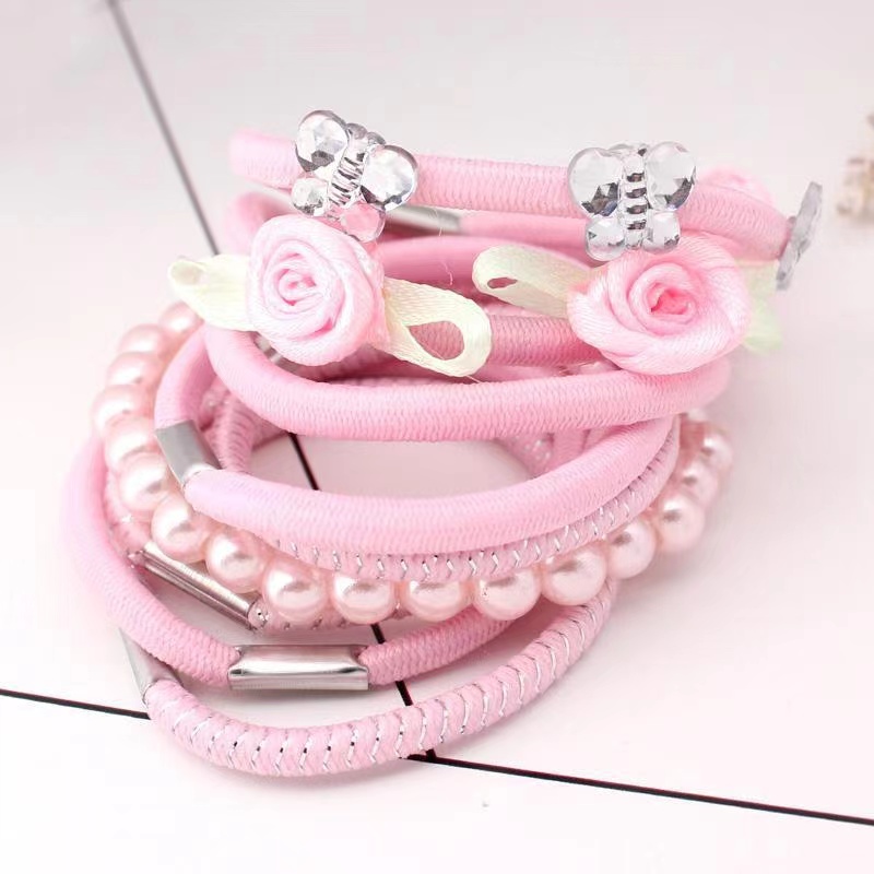 High Stretch Children's Hair Rope Set, Pink Pearl Bow Flower Rope Hair Accessories, Cute Girls