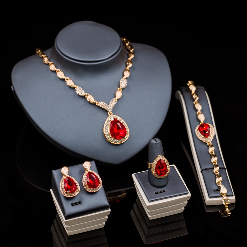 Blue/ruby, Fashion Wedding Accessories 4 Piece Set, Necklace, Bracelet, Earring, Ring