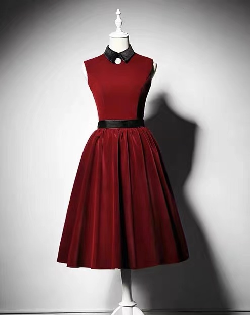 Velvet, Beaded,High Neck Prom Dress,Burgundy Bouffant Dress, Vintage Midi Dress,Homecoming Dress,Custom Made