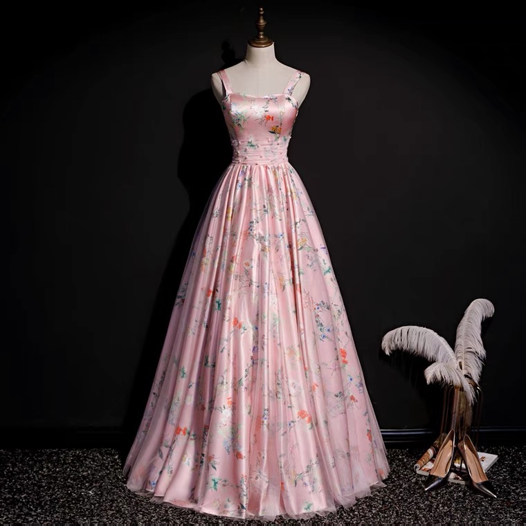 Pretty Pink Satin Print Floral Party Dress,Spaghetti Straps Midi Prom Evening Dress cc2864 main image 1