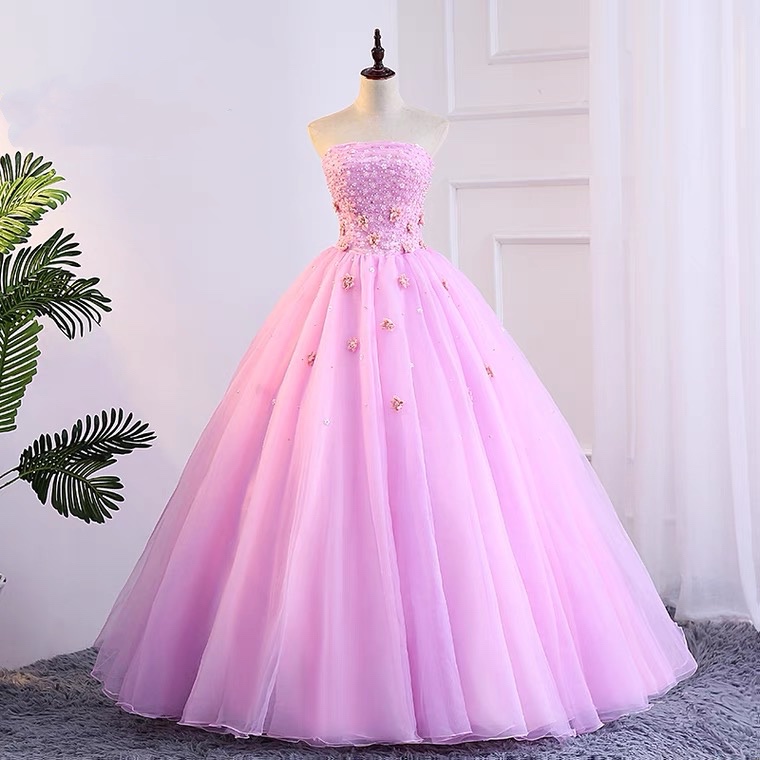 Strapless Ball Gown,applique Floral Prom Dress,pink Party Dress,custom Made