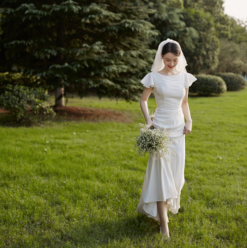 Light Wedding Dress, High Low Wedding Dress, Short Sleeves Bridal Dress,custom Made