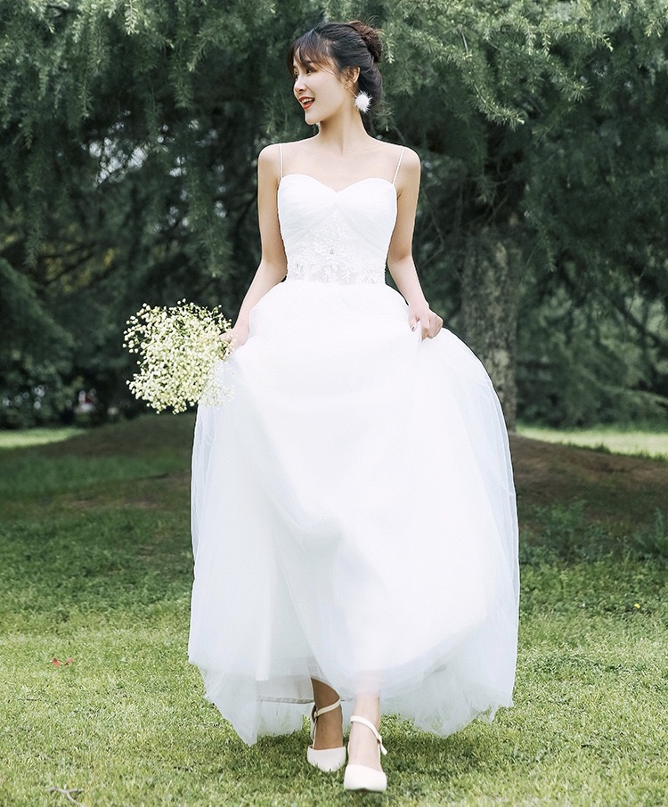 Spaghetti Strap Wedding Dress,tulle Bridal Dress With Applique,custom Made