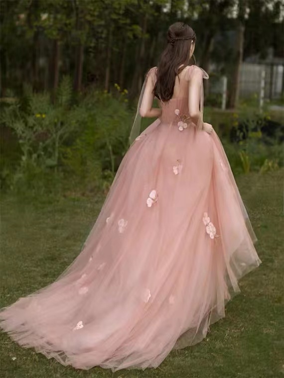 Unique,v-neck Wedding Dress,pink Bridsmaids Dress,dream Prom Dress With Floral Applique ,custom Made