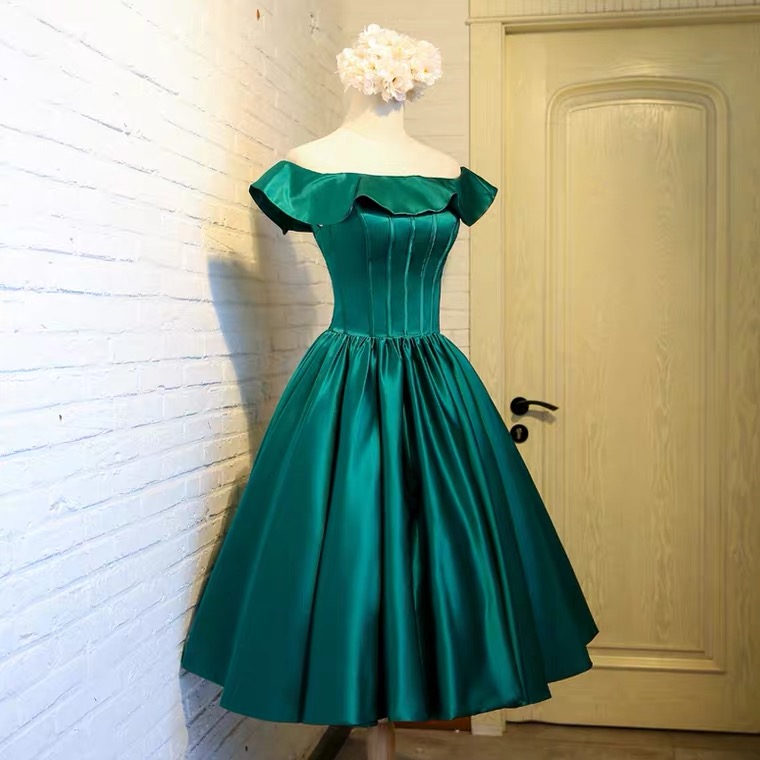 Dark Green Bridesmaid Dress,off Shoulder Homecoming Dress,satin Short Dress,custom Made