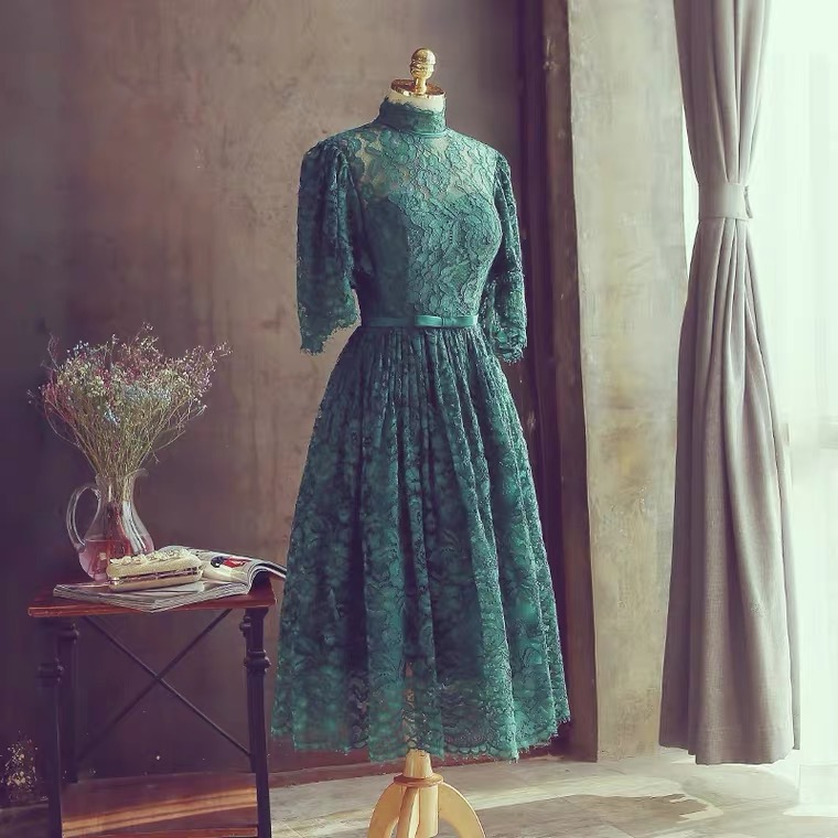 High Neck Lace Midi Dress,green Wedding Guest Dress,custom Made