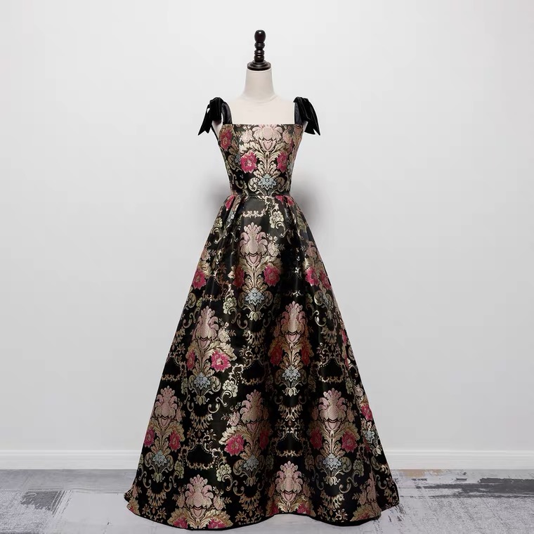 Vintage Jacquard Evening Dress, High Quality Black Evening Dress,custom Made