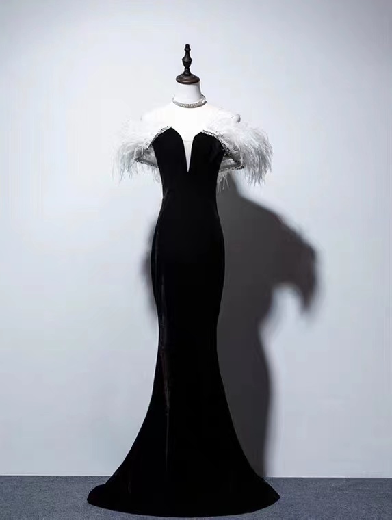 Feather Velvet Fashion Dress,black Evening Dress, Mermaid Sexy Prom Dress,custom Made