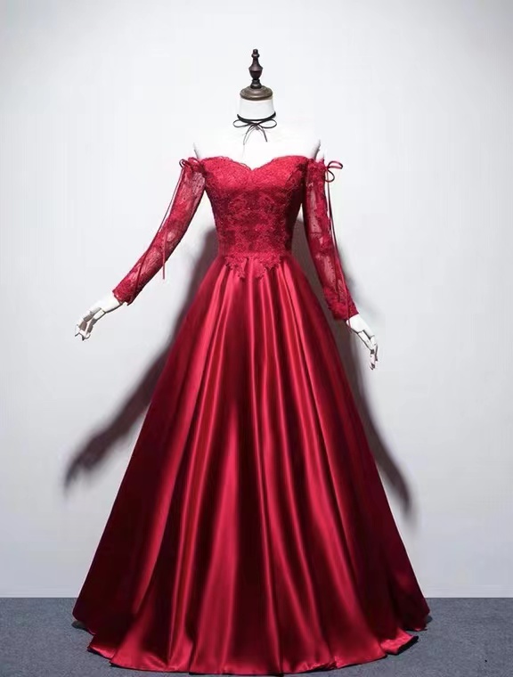 Lace, Burgundy, Vintage Satin, Off Shoulder Evening Dress, Long Sleeve Wedding Dress,custom Made