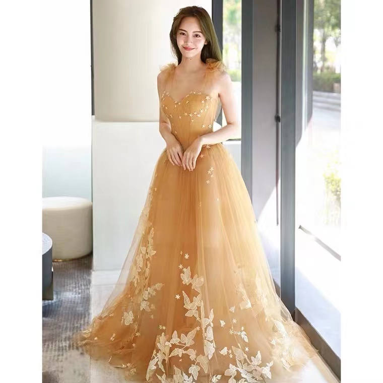Yellow Prom Dress,tulle Fairy Party Dress,sexy Evening Dress With Lace Applique,custom Made