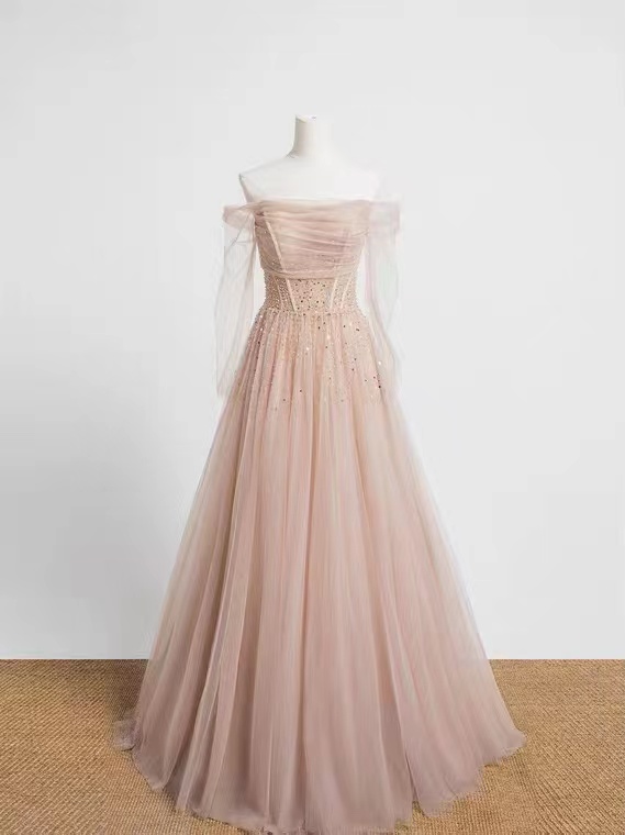 Light Pink Fairy Evening Dress, Off Shoulder Nail Beaded Wedding Dress, Outdoor Light Wedding Dress,custom Made