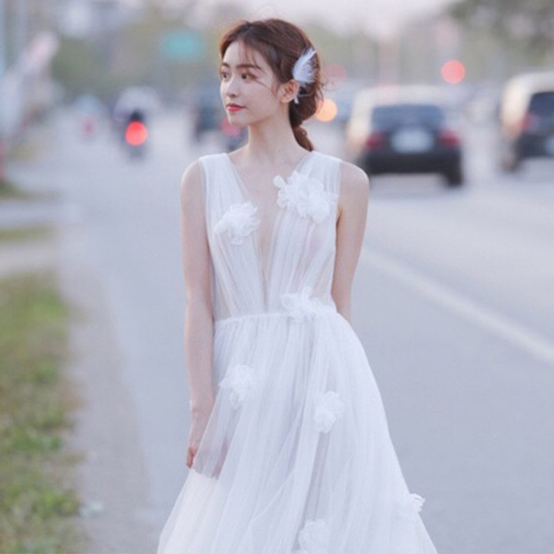 Spring, White Evening Dress, V-neck Outdoor Wedding Dress,custom Made