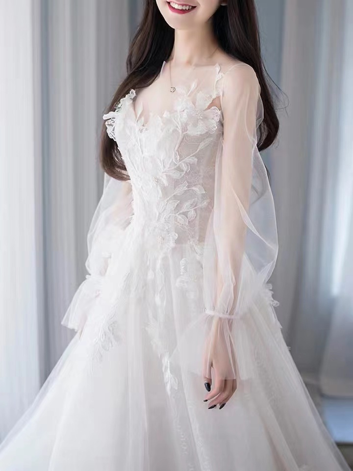 Long Sleeve Bridal Dress,elegant Light Wedding Dress,custom Made