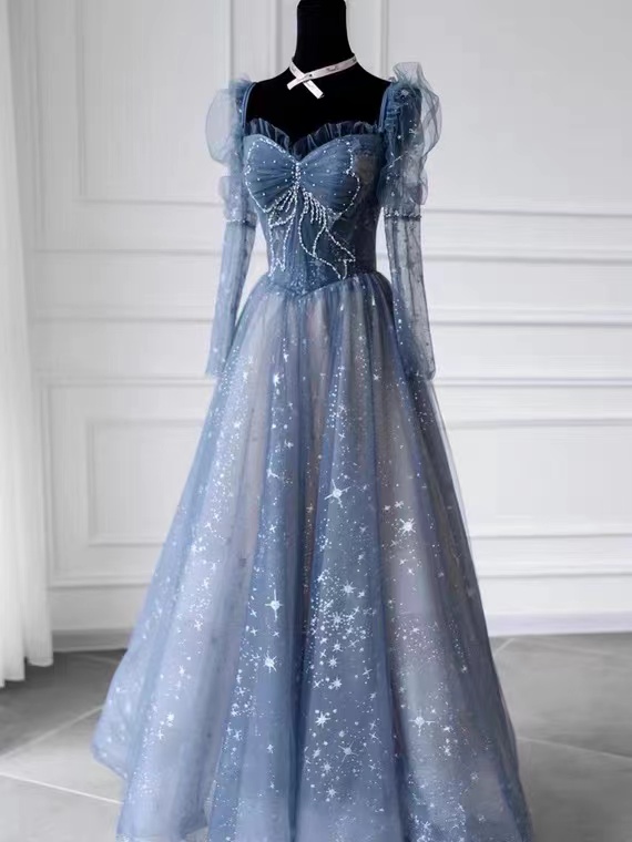 Unique,long Sleeve Prom Dress,frozen Blue Dress, Haute Couture Temperament Evening Dress,princess Dress,custom Made