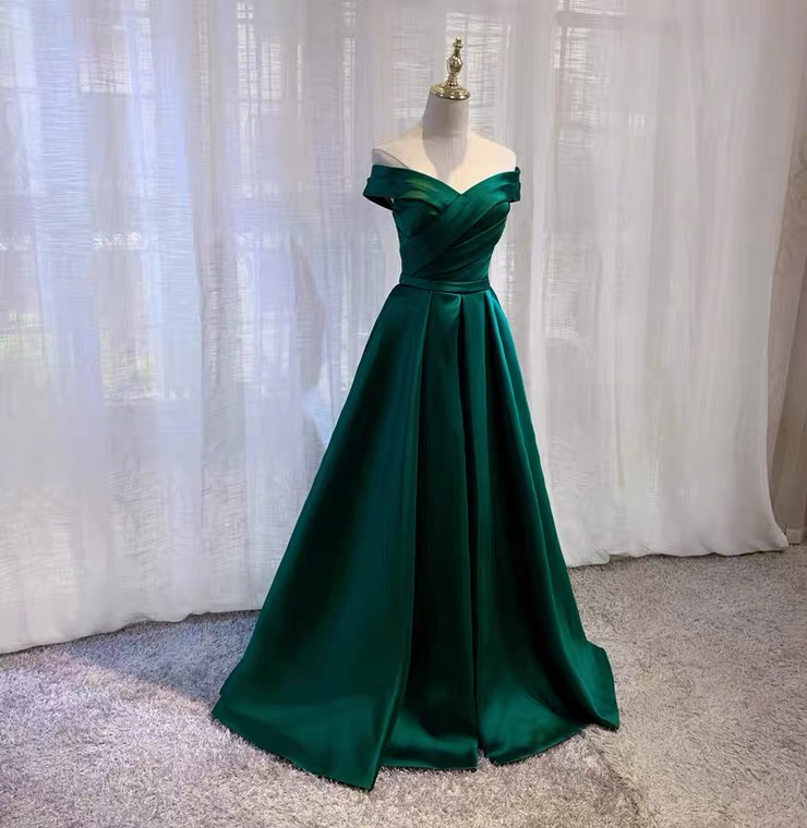 Off Shoulder Satin Evening Dress, Dark Green Party Dress,custom Made on ...