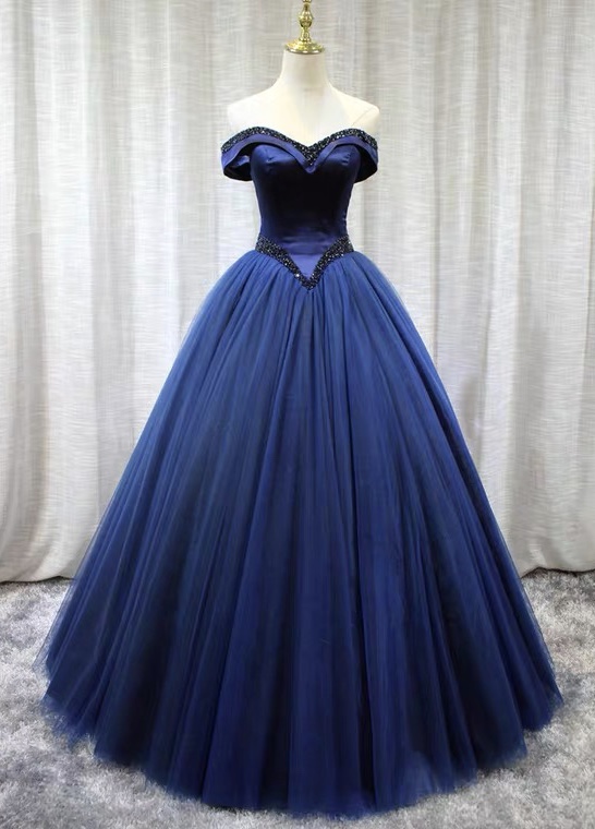 Navy Blue Off Shoulder Evening Dress, Long Bouffant Dress, Luxurious, With Beaded,custom Made