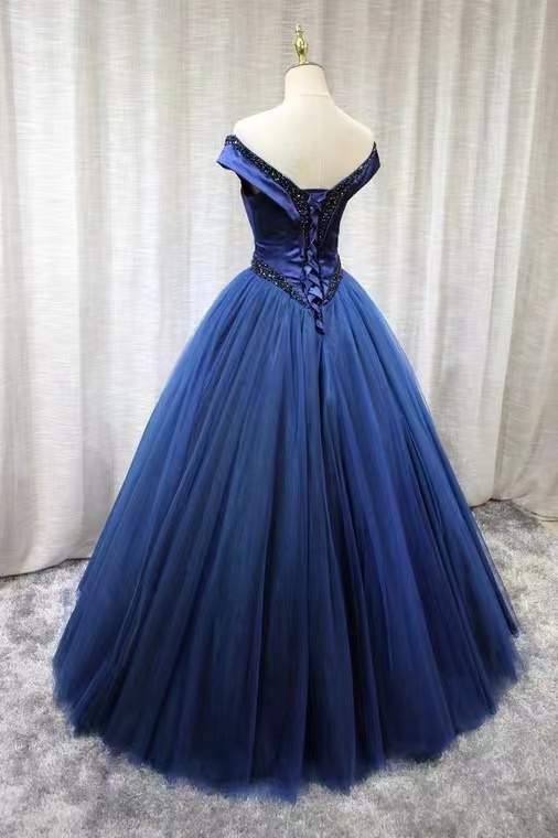 Navy Blue Off Shoulder Evening Dress, Long Bouffant Dress, Luxurious ...