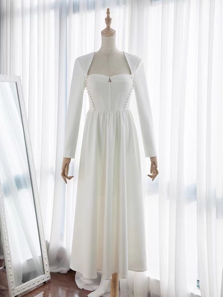 Vintage, Elegant, White Beaded Dress, Light Bridal Gown, Long Sleeved Gown, Long Evening Dress,custom Made