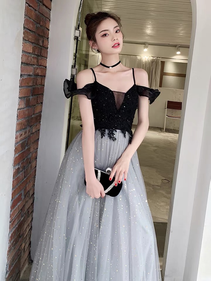 Off Shoulder Evening Dress, Long Black Star Dress, Student Graduation Dress,custom Made