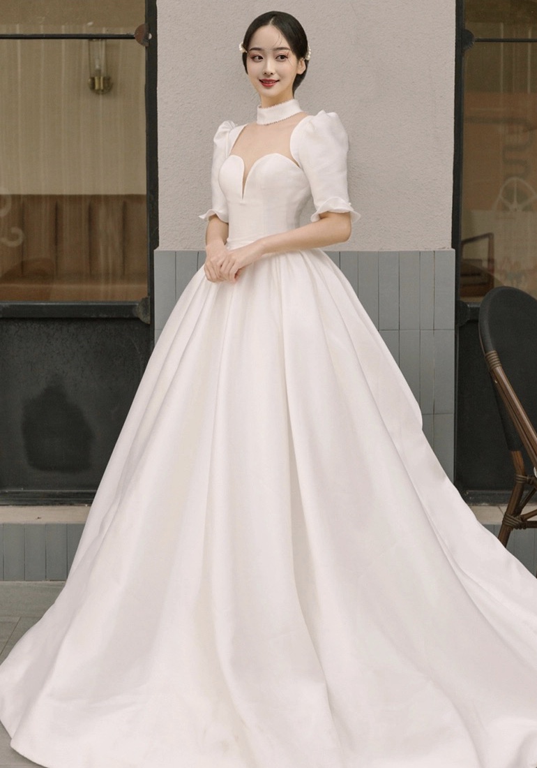 Long sleeve wedding dress,square neck bridal dress with big trailing,princess dress with puffed sleeves,custom made