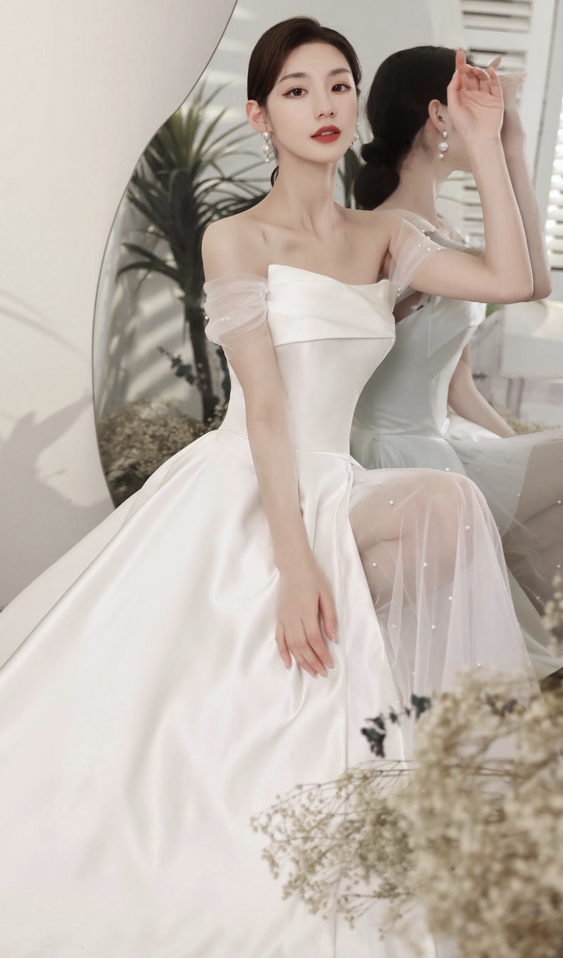Light Wedding Satin Dresses, White Evening Dresses, Unique Wedding Dress,custom Made