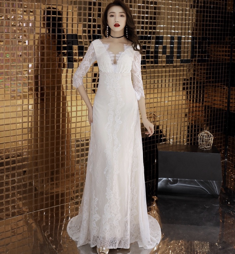 Long Sleeve Wedding Dress, Lace Elegant Trailing Dress, White V-neck Prom Dress,custom Made